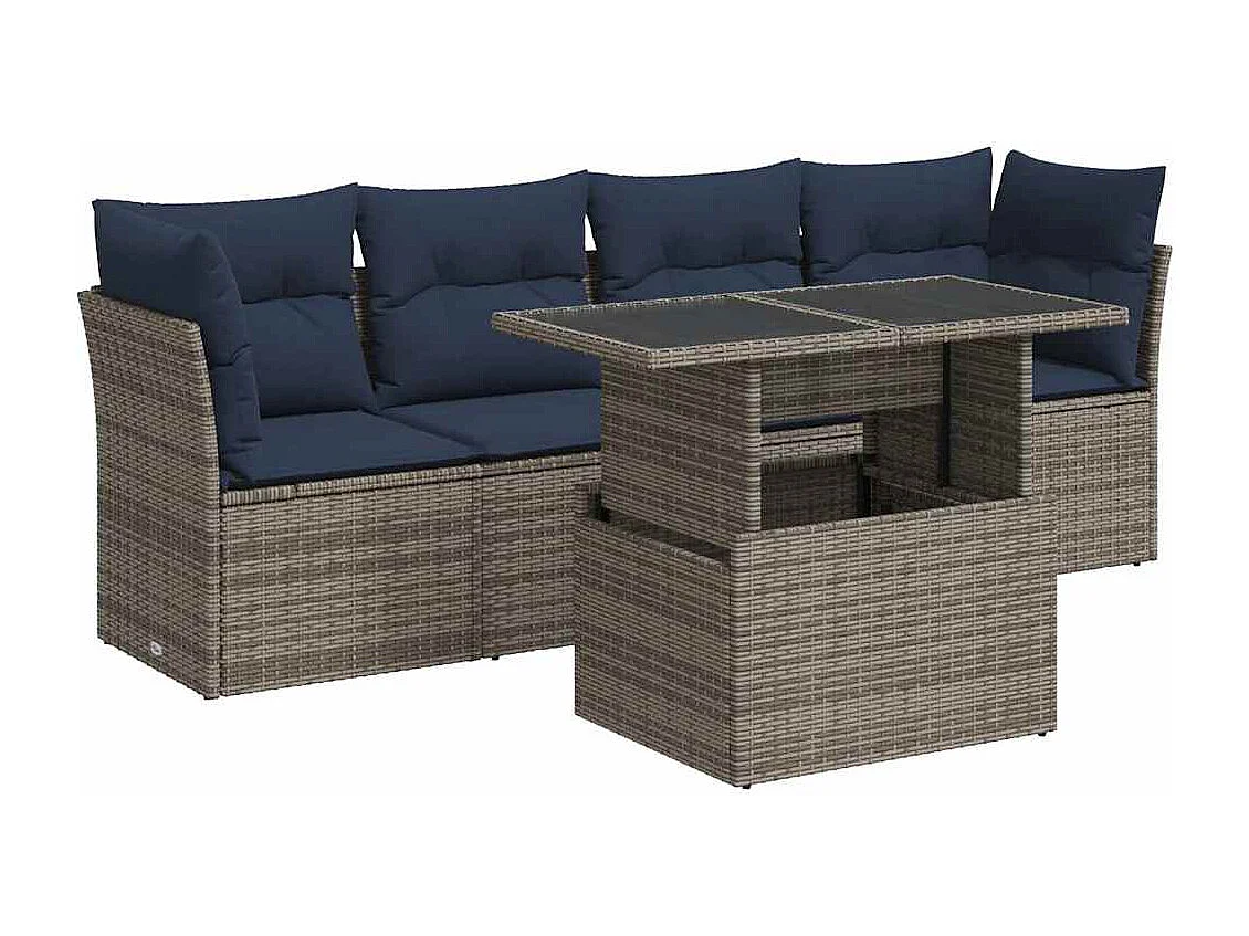 Salon de jardin 5 pièces avec coussins gris résine tressée acacia