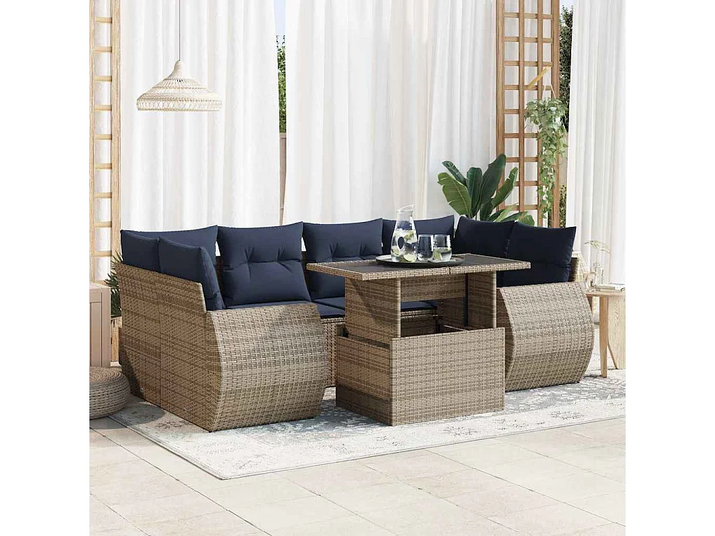 Salon de jardin avec coussins 7 pièces gris résine tressée acacia