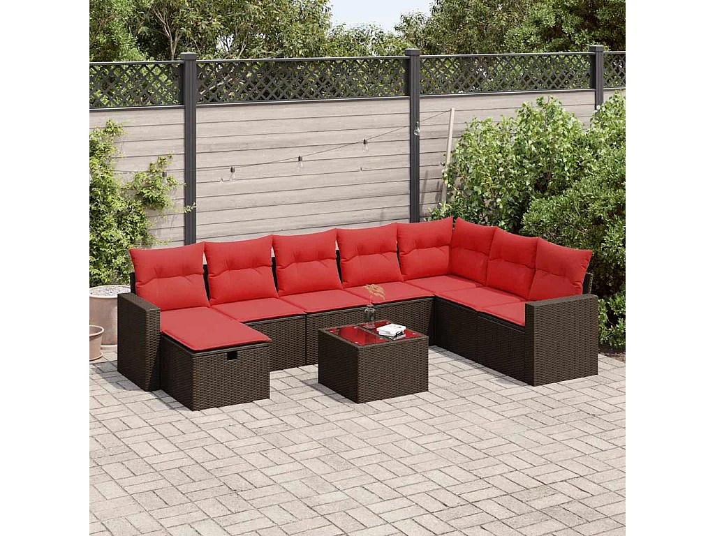 Set de sofás de jardín 9 piezas y cojines ratán sintético marrón