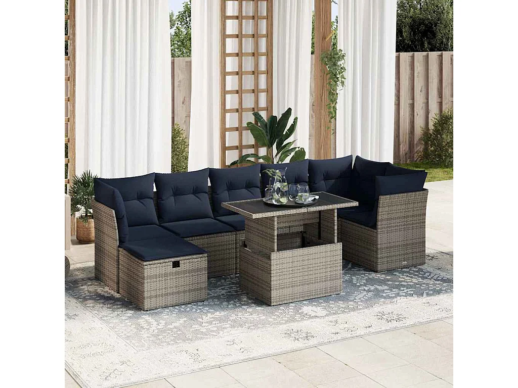 Salon de jardin 8pièces avec coussins gris résine tressée acacia