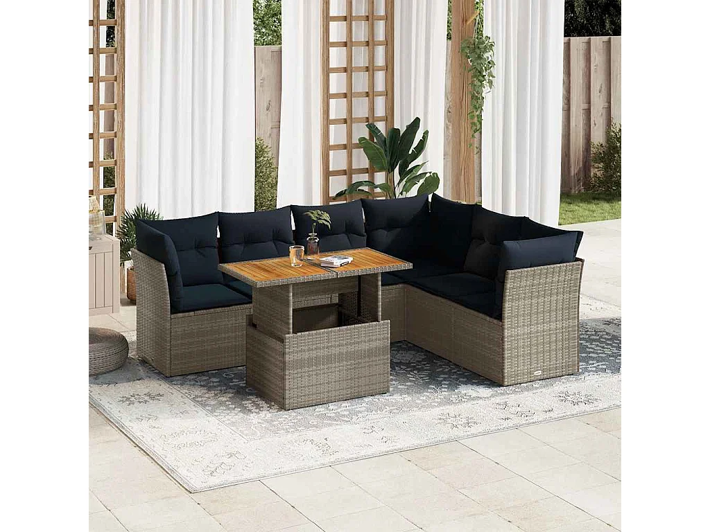 Salon de jardin avec coussins 7 pièces gris résine tressée