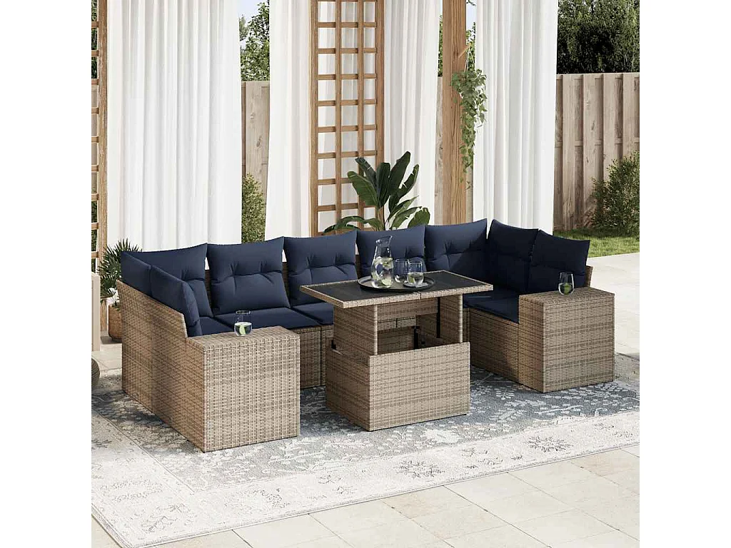 Salon de jardin avec coussins 8 pièces gris résine tressée acacia