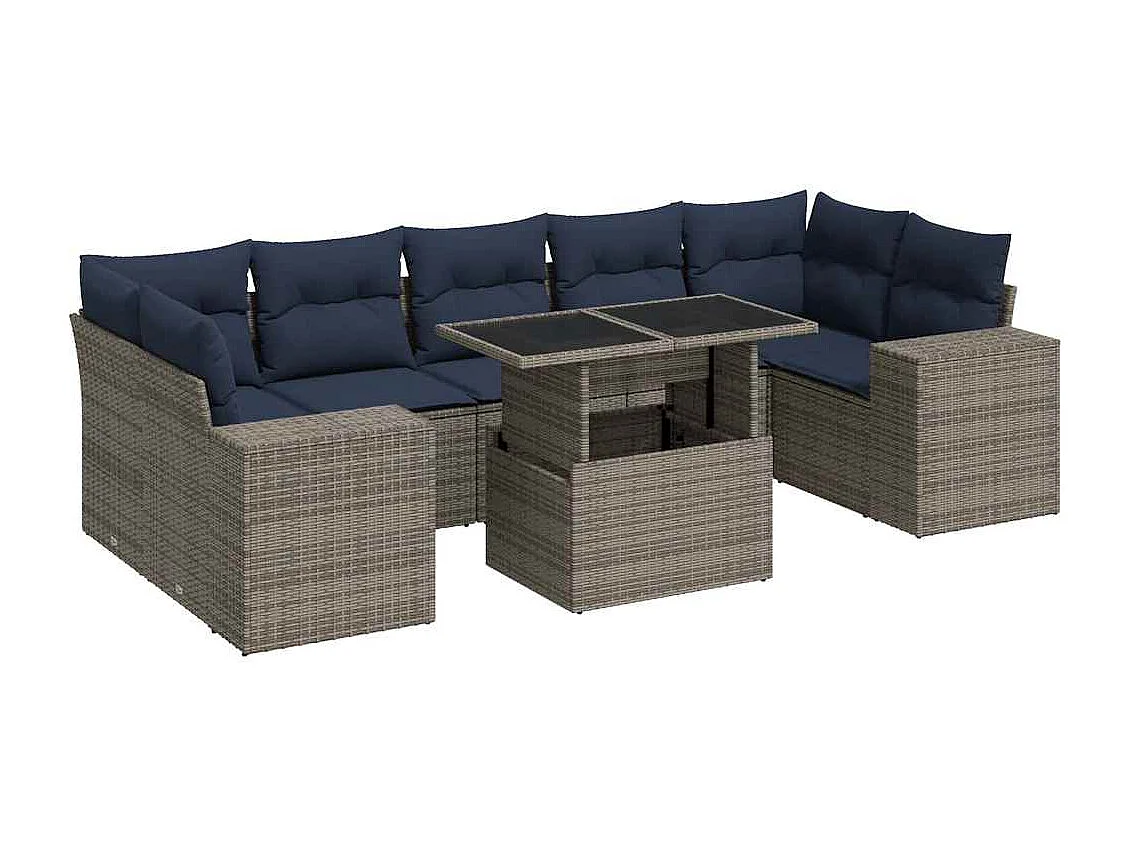 Salon de jardin avec coussins 8 pièces gris résine tressée acacia