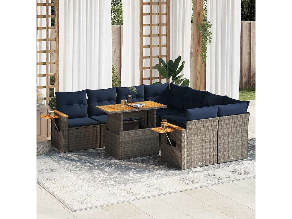 Salon de jardin 9 pièces avec coussins gris résine tressée