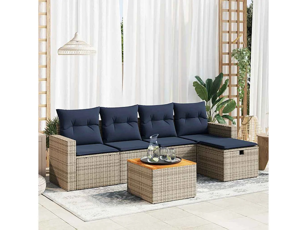 Set de muebles de jardín 6 piezas y cojines ratán sintético gris