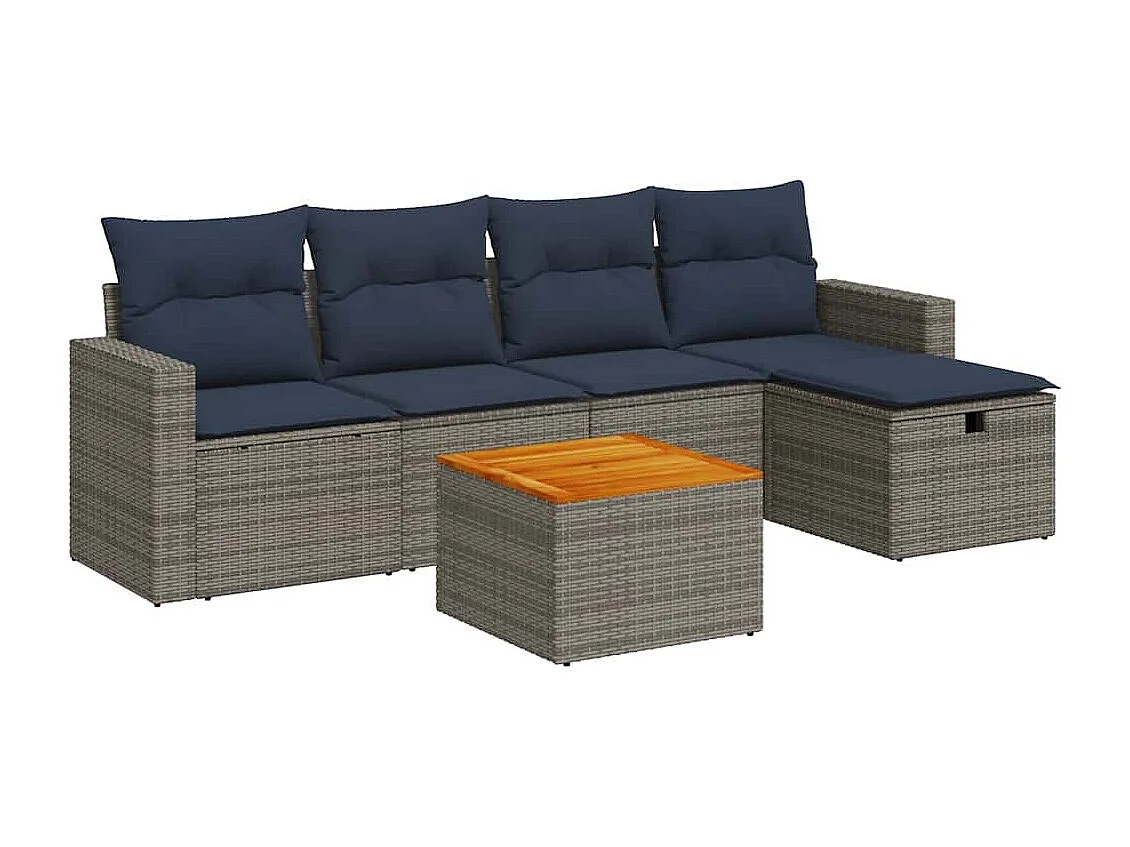 Set de muebles de jardín 6 piezas y cojines ratán sintético gris