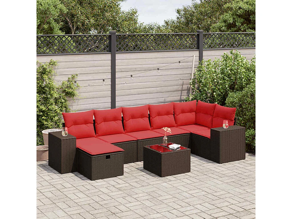 Salon de jardin 8 pièces avec coussins marron résine tressée