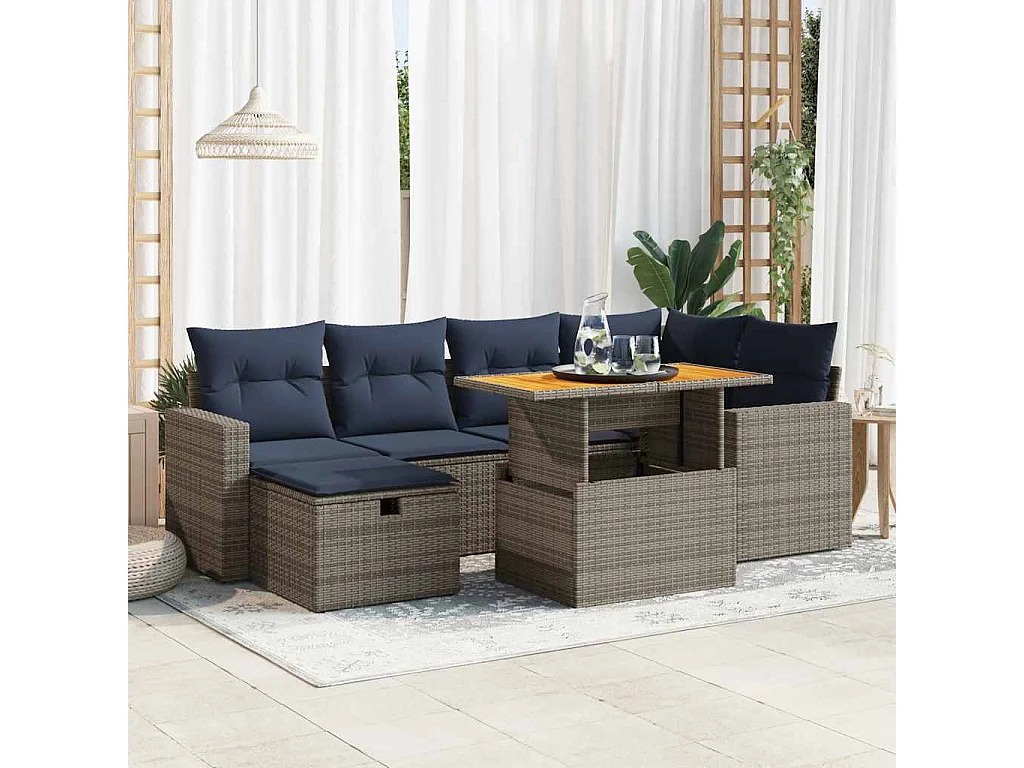 Salon de jardin avec coussins 7 pièces noir résine tressée acacia