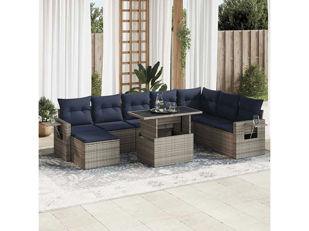Salon de jardin avec coussins 9 pièces gris résine tressée acacia