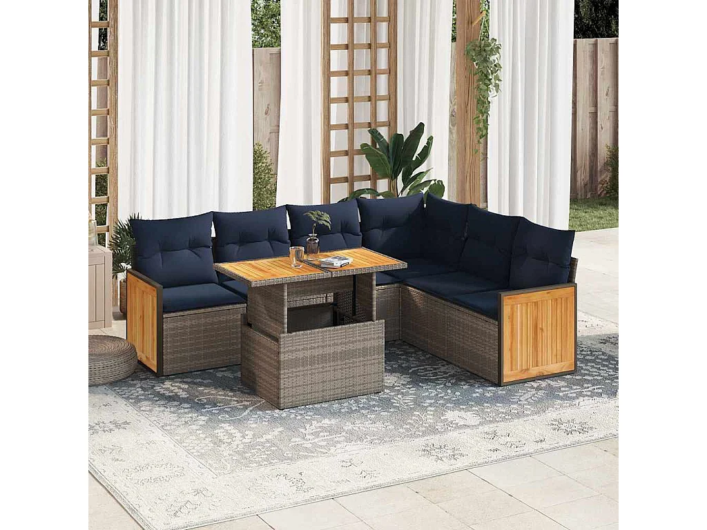 Salon de jardin avec coussins 7 pièces gris résine tressée acacia