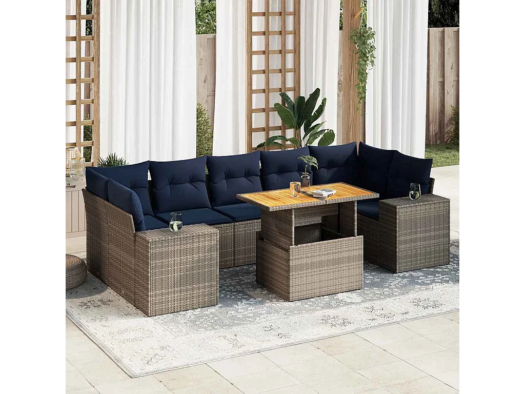 Salon de jardin 8 pièces avec coussins gris résine tressée