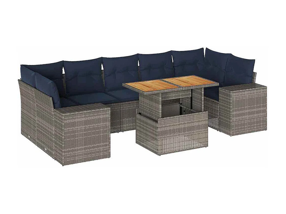 Salon de jardin 8 pièces avec coussins gris résine tressée