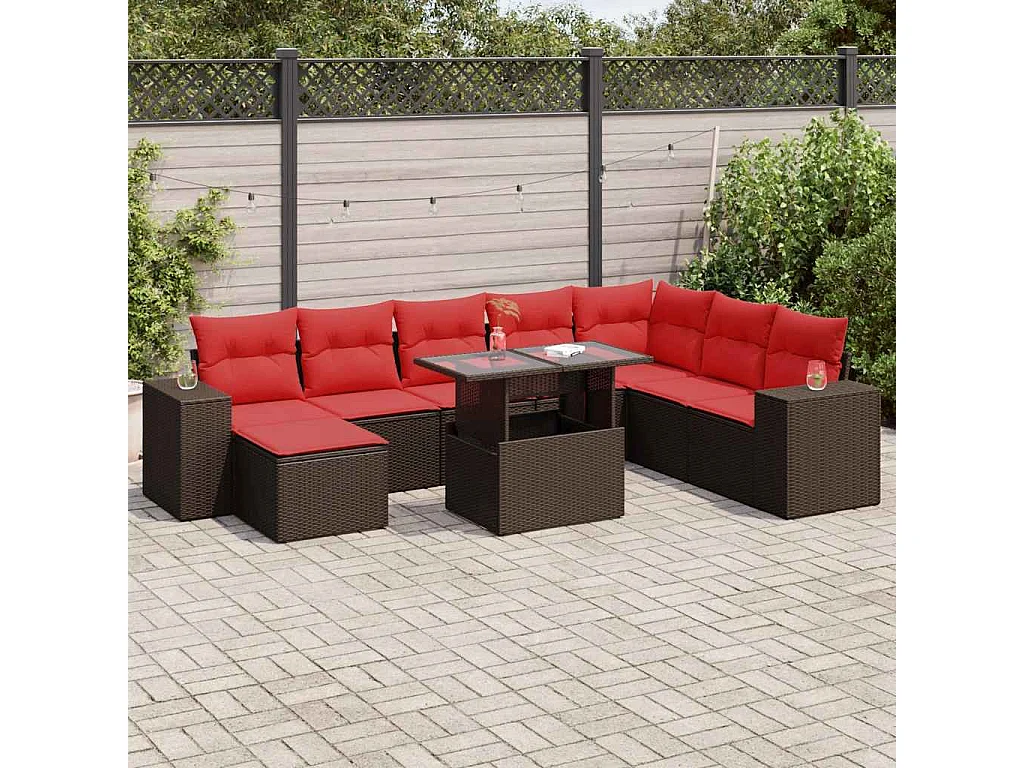 Salon de jardin avec coussins 9 pièces marron résine tressée acacia