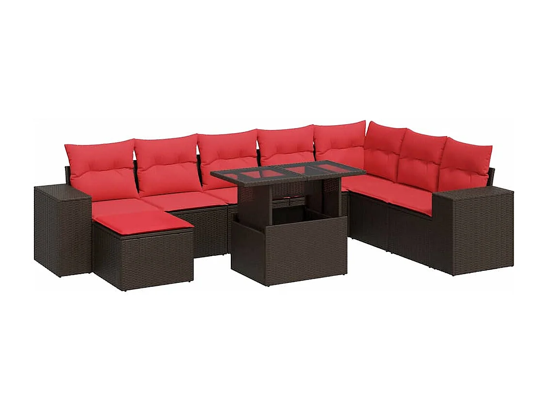 Salon de jardin avec coussins 9 pièces marron résine tressée acacia