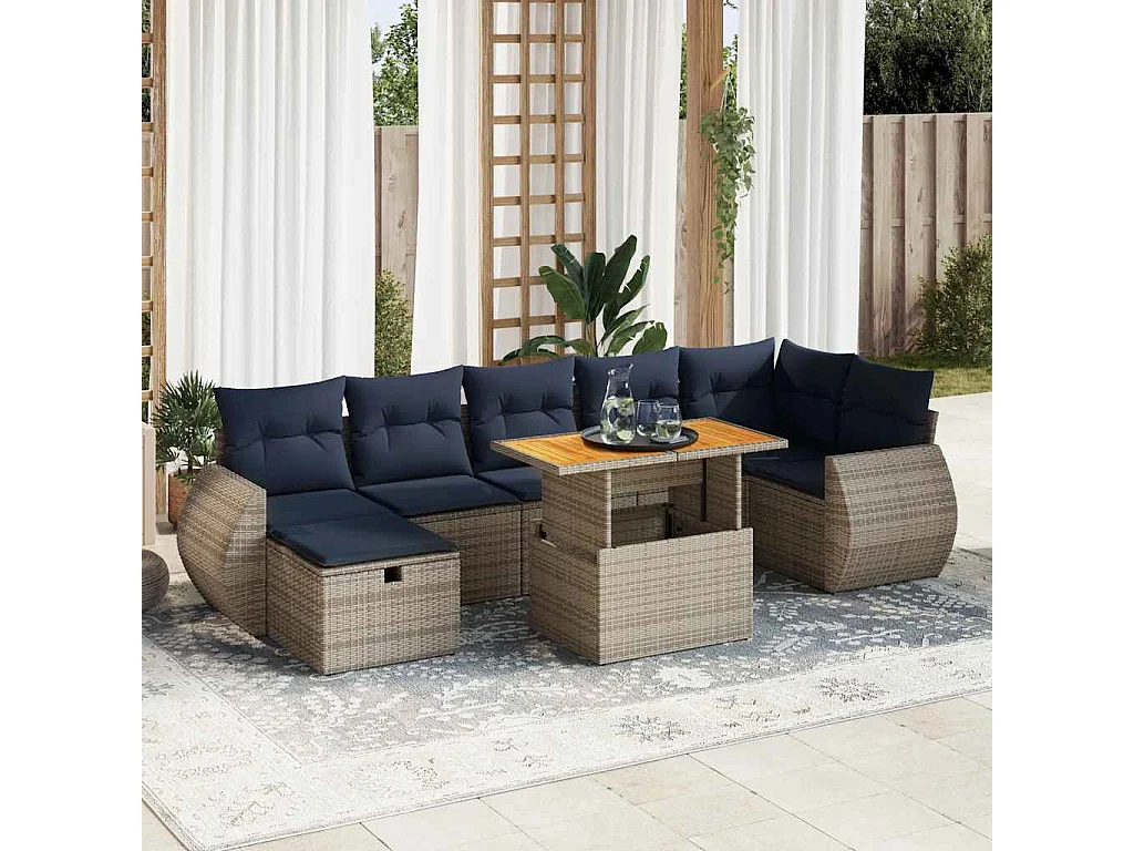 Salon de jardin avec coussins 8 pièces gris résine tressée acacia
