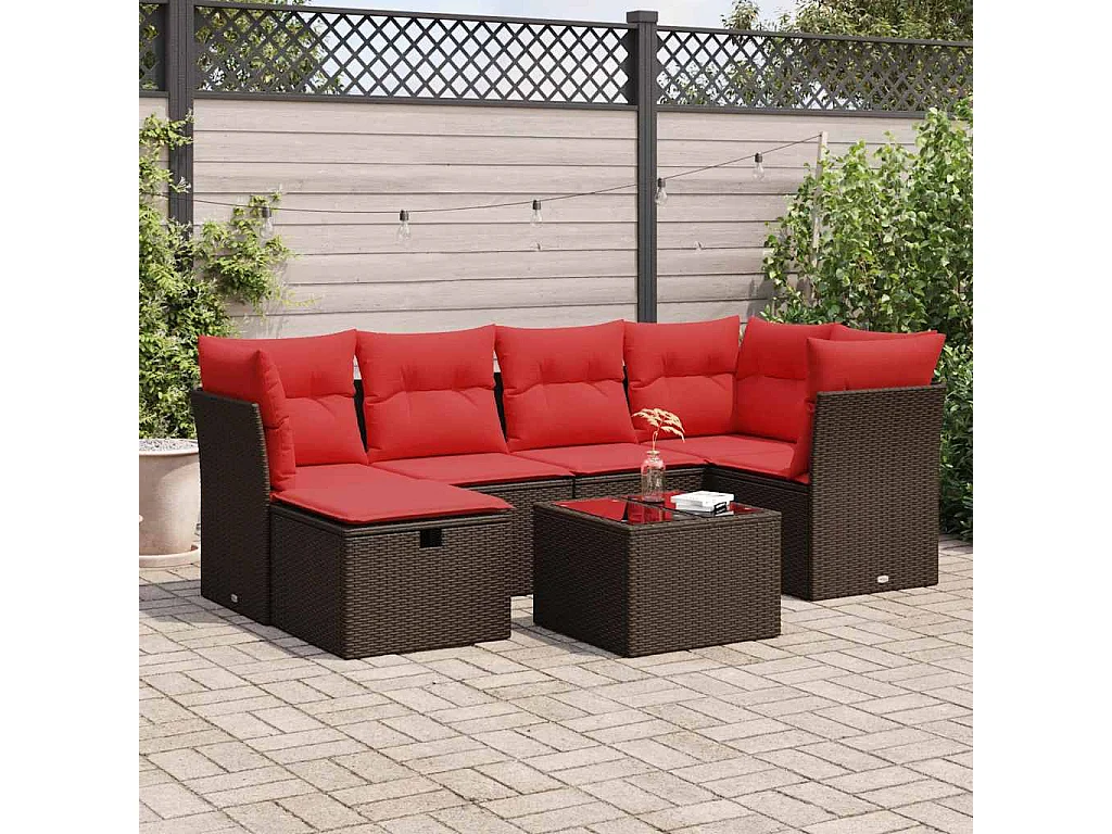 Salon de jardin avec coussins 7 pièces marron résine tressée