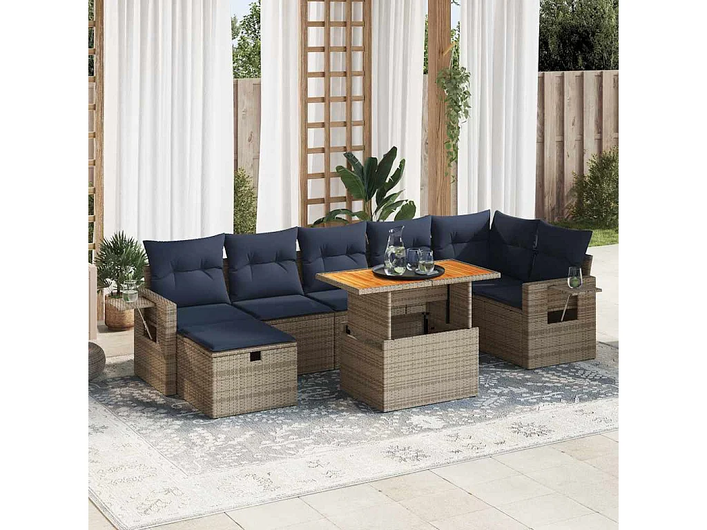 Salon de jardin 8pièces avec coussins marron résine tressée acacia