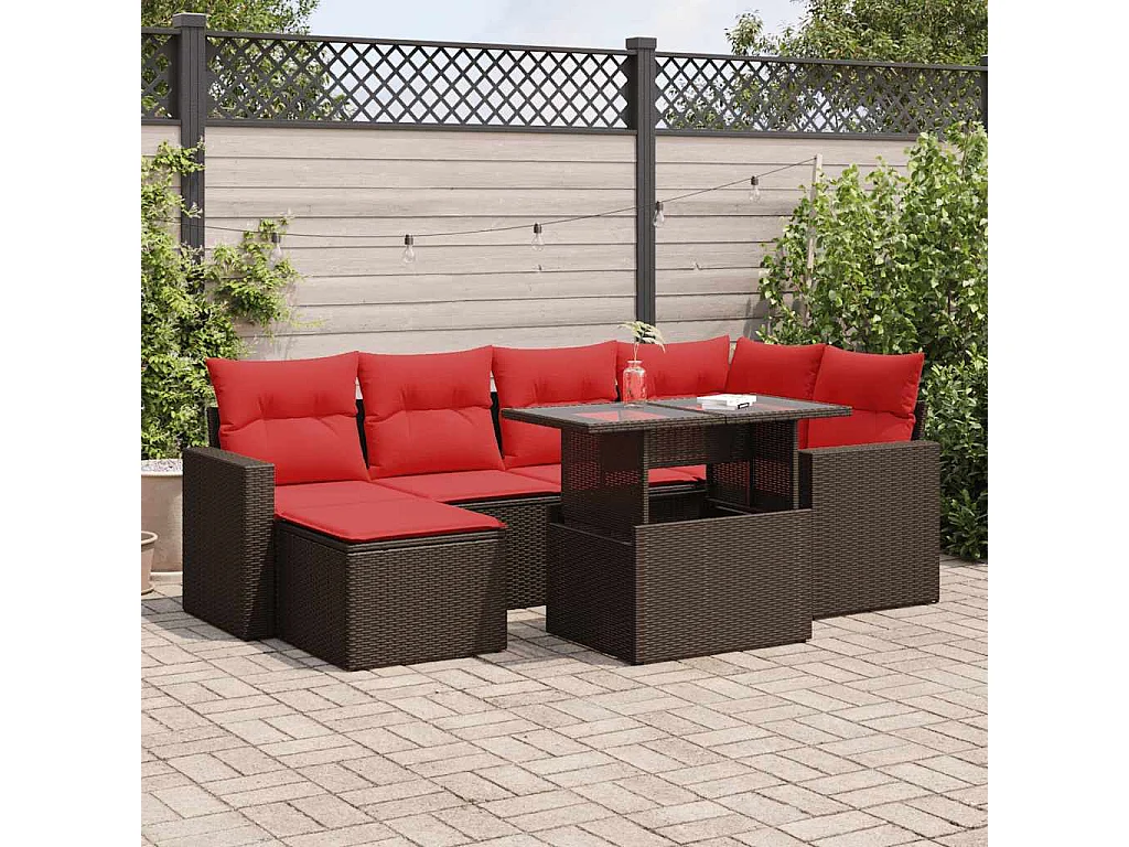 Salon de jardin avec coussins 7pièces marron résine tressée acacia