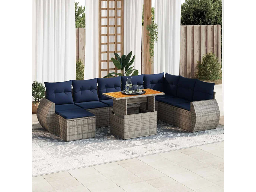 Salon de jardin 9 pièces avec coussins gris résine tressée