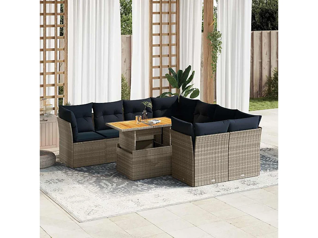 Salon de jardin 9 pièces avec coussins gris résine tressée