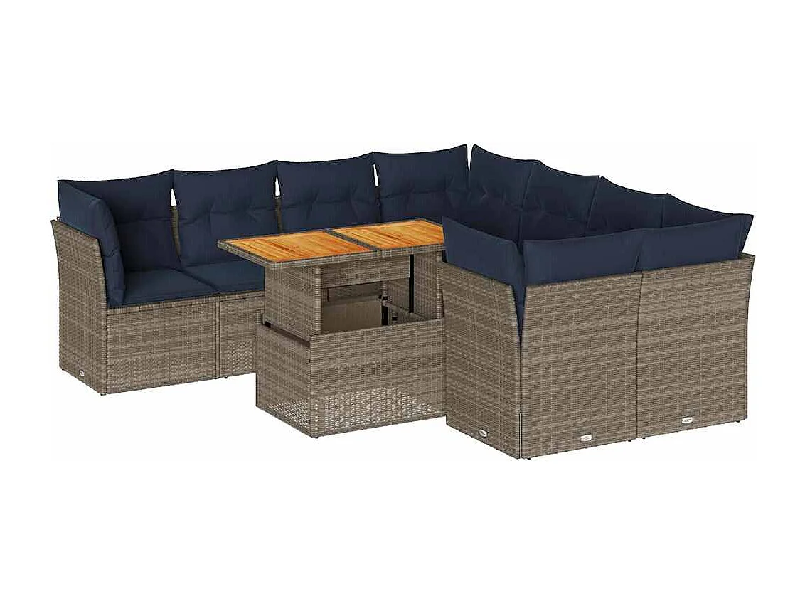 Salon de jardin 9 pièces avec coussins gris résine tressée