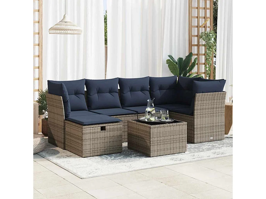 Salon de jardin avec coussins 7 pièces gris résine tressée