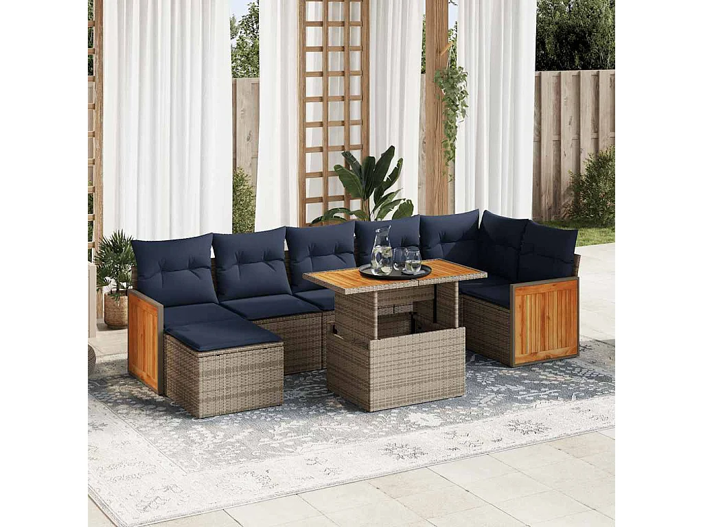 Salon de jardin 8pièces avec coussins marron résine tressée acacia