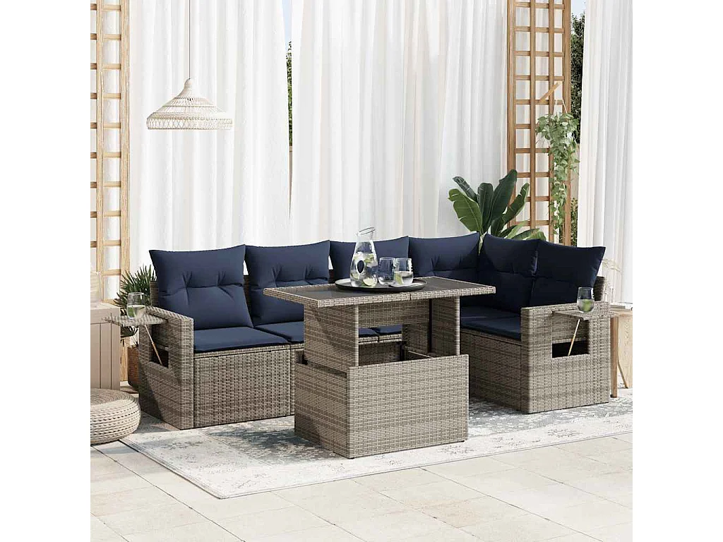 Salon de jardin avec coussins 6 pièces gris résine tressée acacia