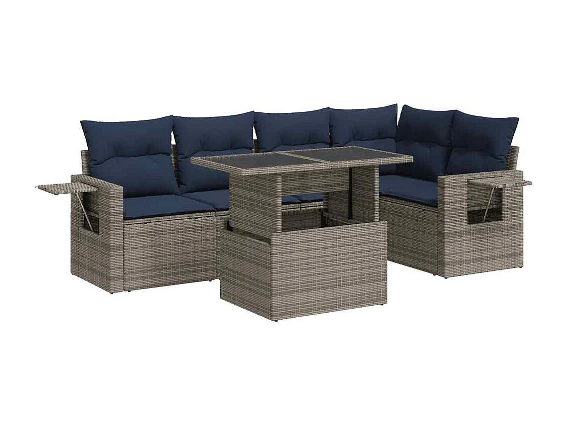 Salon de jardin avec coussins 6 pièces gris résine tressée acacia