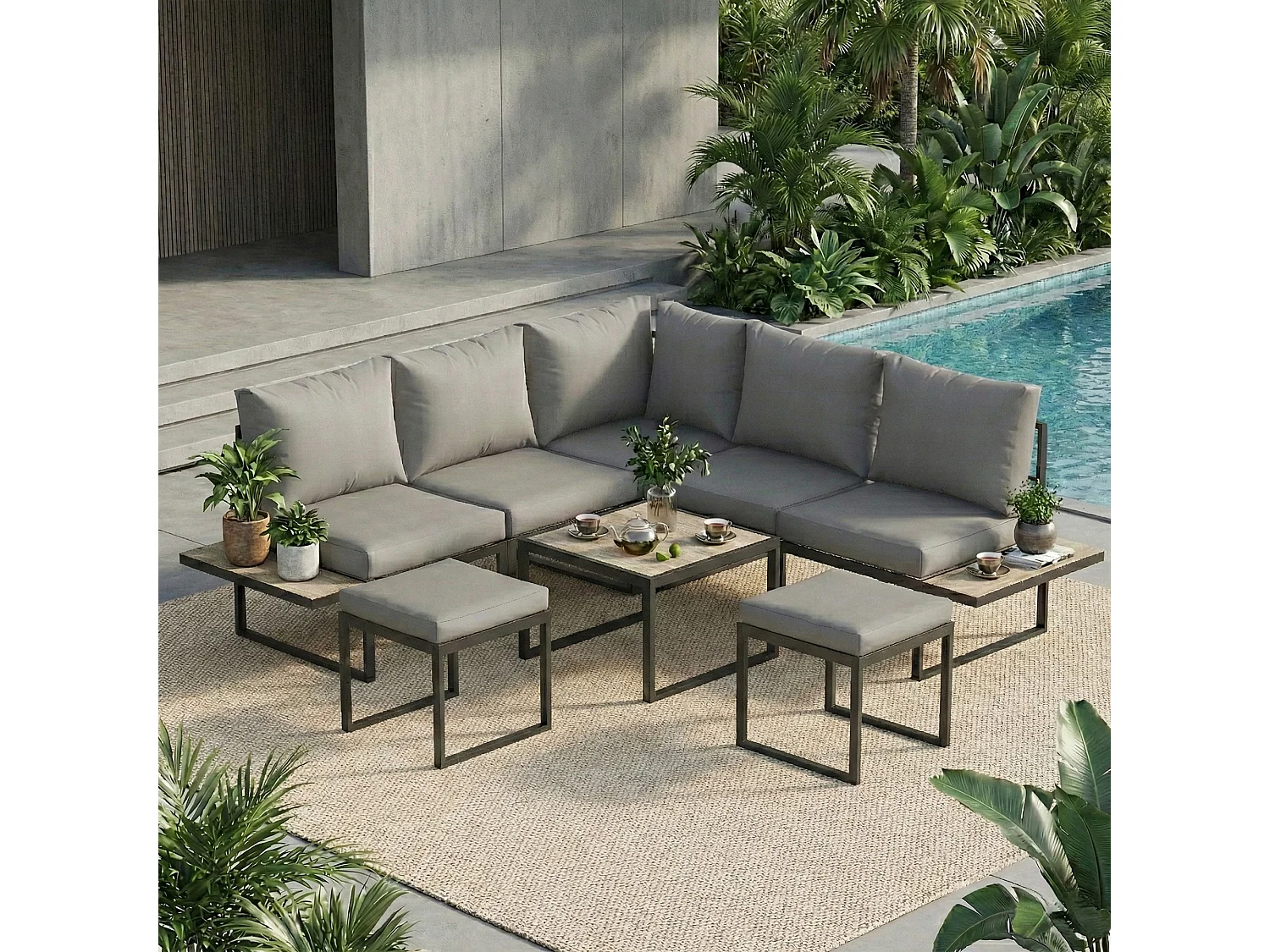 Salon de jardin modulable 6 places 5 pièces avec coussins