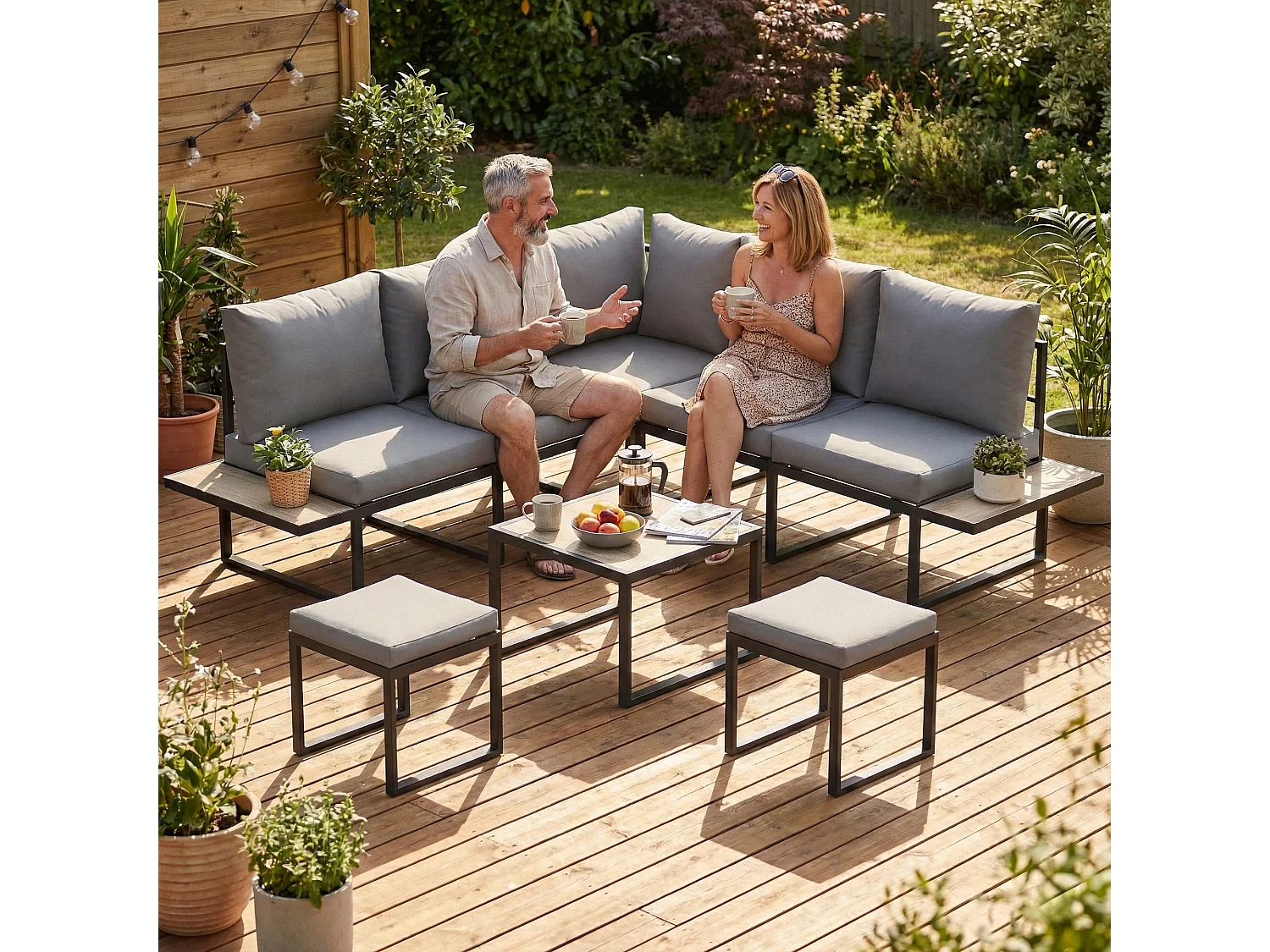 Salon de jardin modulable 6 places 5 pièces avec coussins