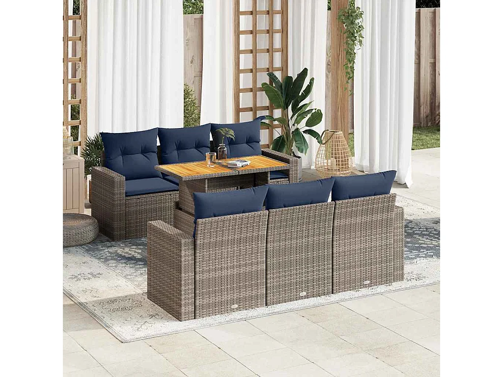 Salon de jardin avec coussins 7 pièces gris résine tressée