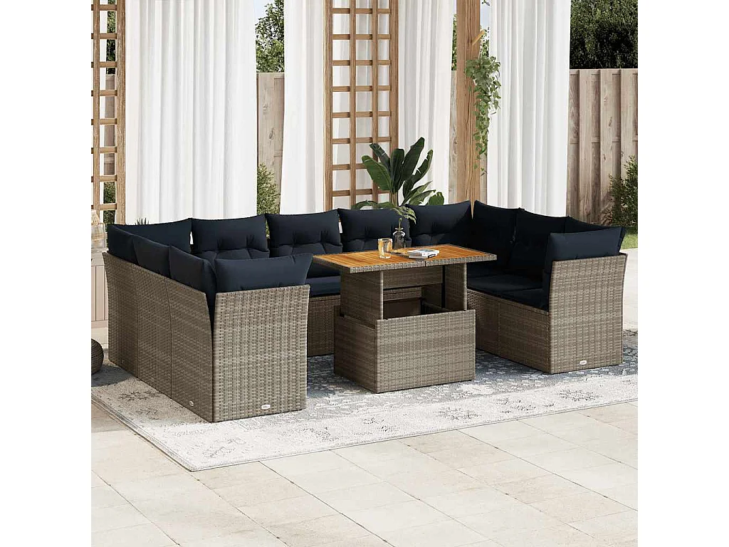 Salon de jardin avec coussins 10 pièces gris résine tressée