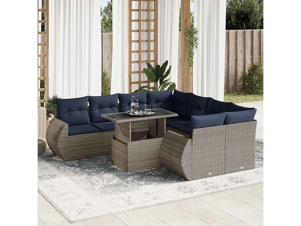 Salon de jardin avec coussins 9 pièces gris résine tressée acacia