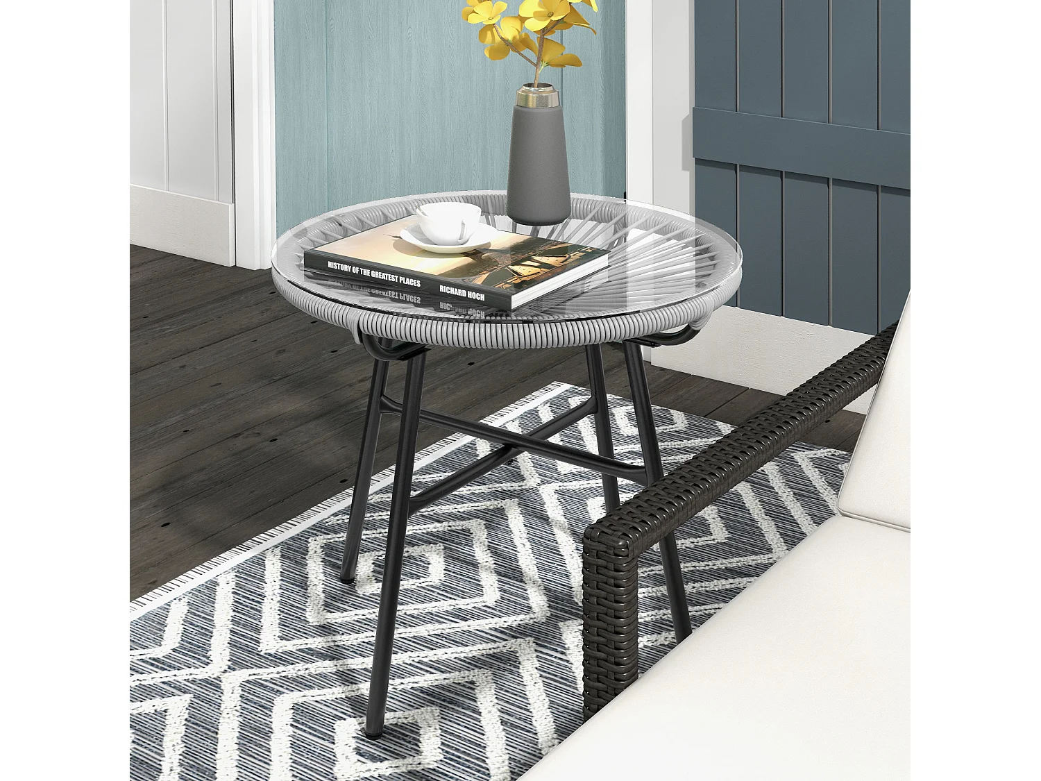 Table basse ronde de jardin en résine aspect rotin métal et plateau verre trempé Ø 50 x 50H cm gris