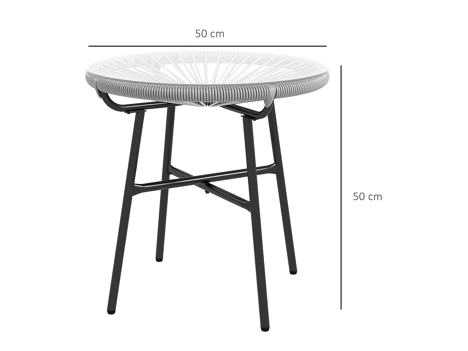 Table basse ronde de jardin en résine aspect rotin métal et plateau verre trempé Ø 50 x 50H cm gris