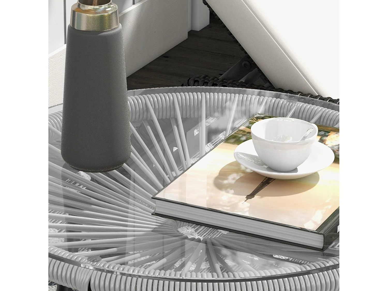 Table basse ronde de jardin en résine aspect rotin métal et plateau verre trempé Ø 50 x 50H cm gris