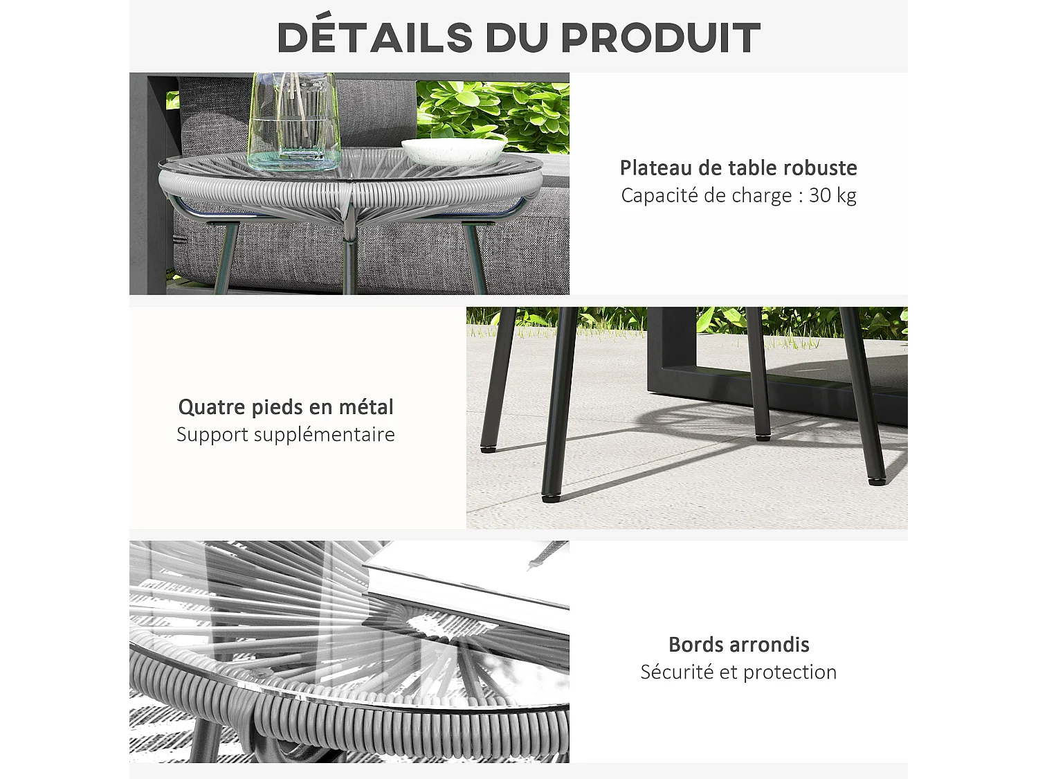 Table basse ronde de jardin en résine aspect rotin métal et plateau verre trempé Ø 50 x 50H cm gris