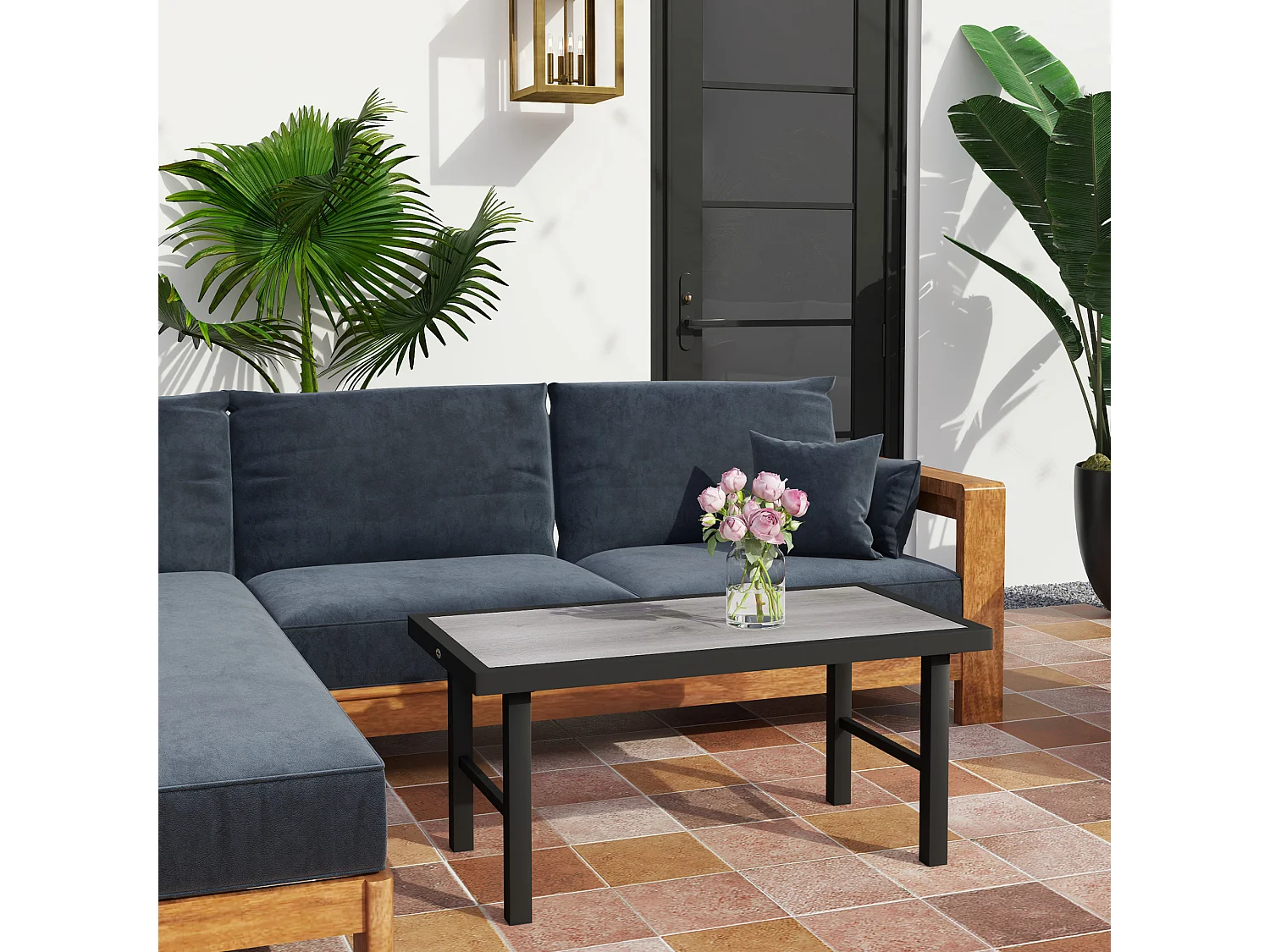 Table basse de jardin plateau SPC à effet bois gris métal noir