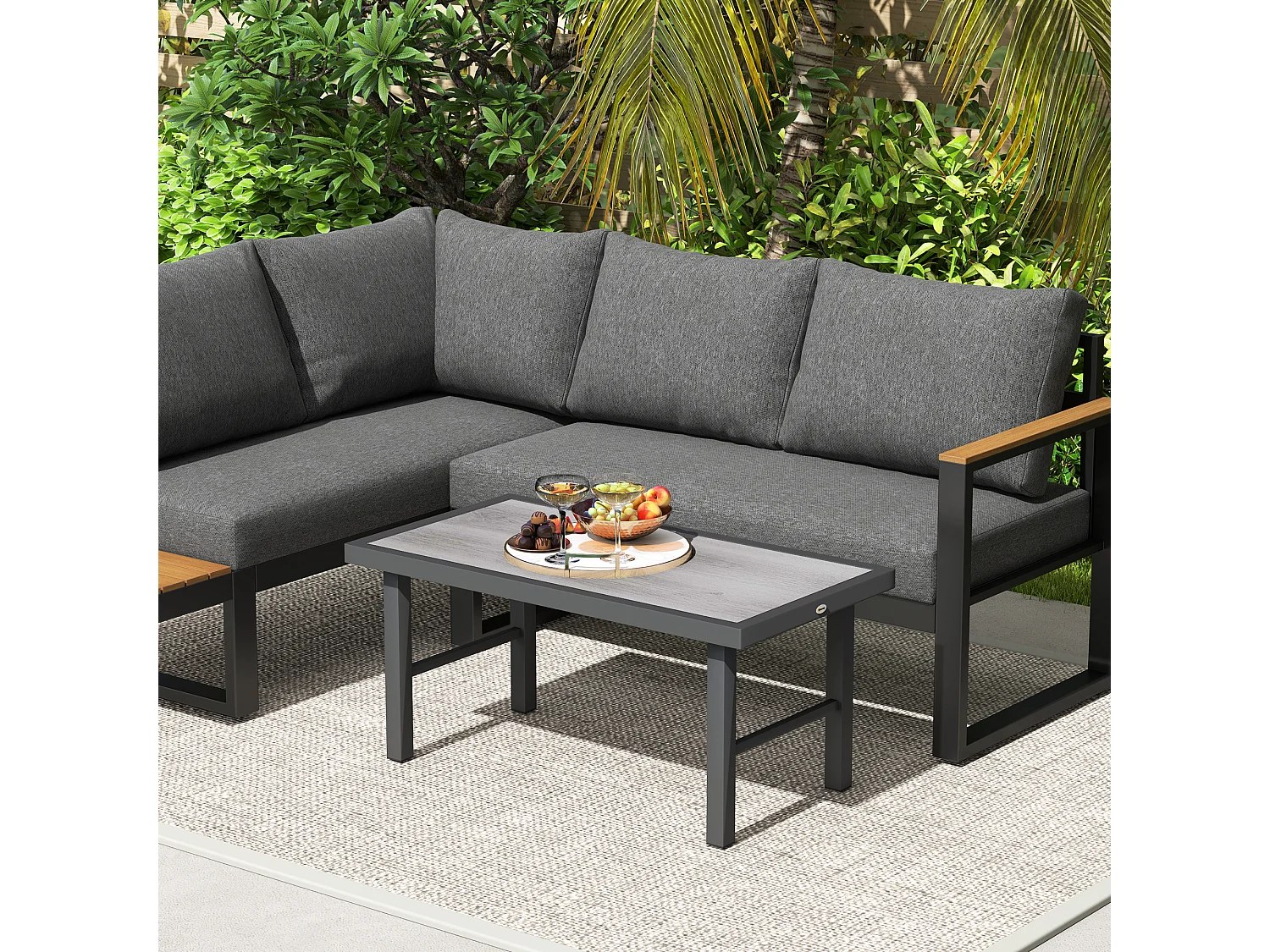 Table basse de jardin plateau SPC à effet bois gris métal noir