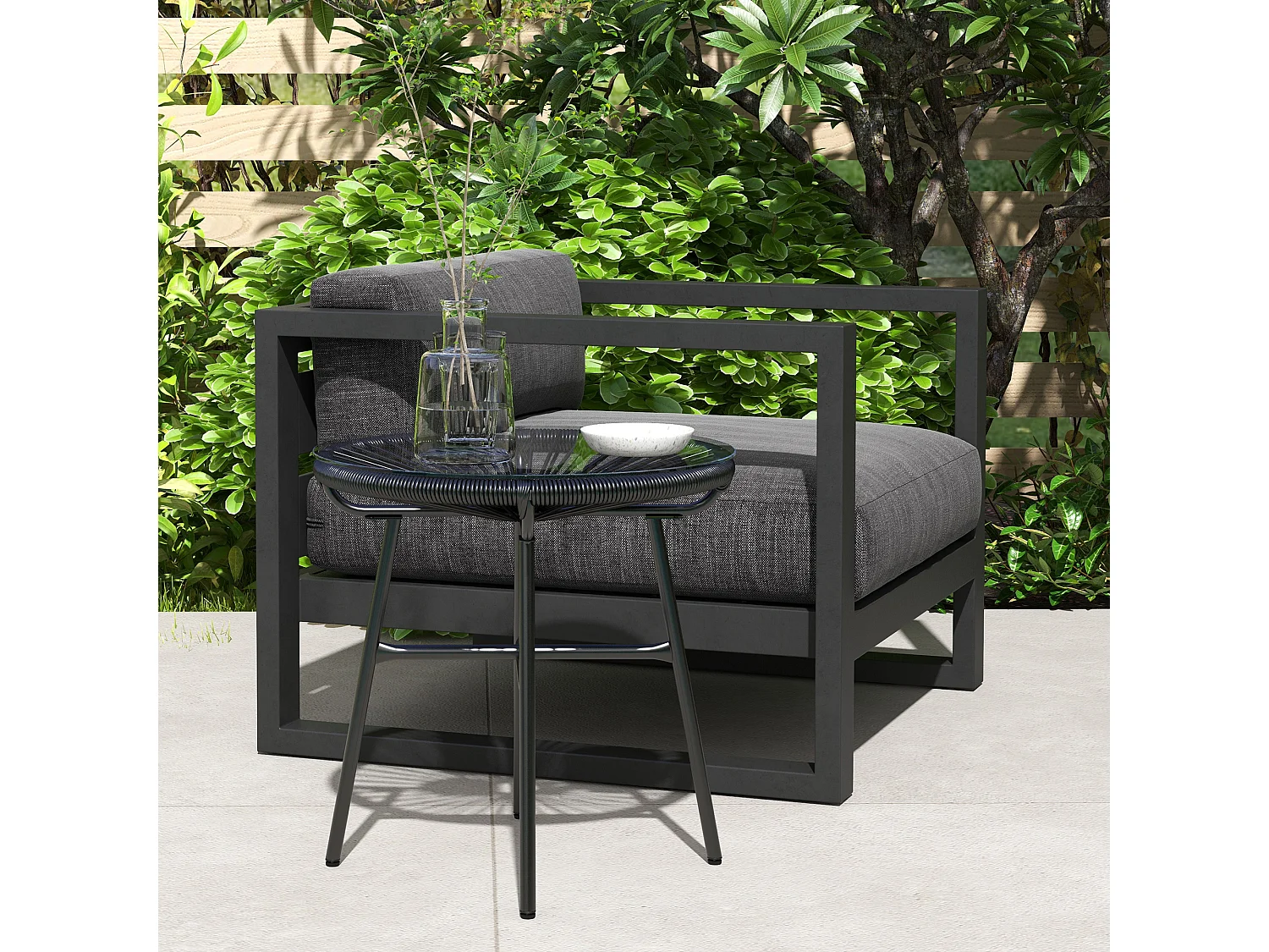 Table basse ronde de jardin en résine aspect rotin métal et plateau verre trempé Ø 50 x 50H cm noir