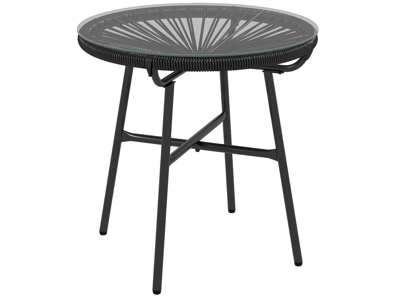 Table basse ronde de jardin en résine aspect rotin métal et plateau verre trempé Ø 50 x 50H cm noir