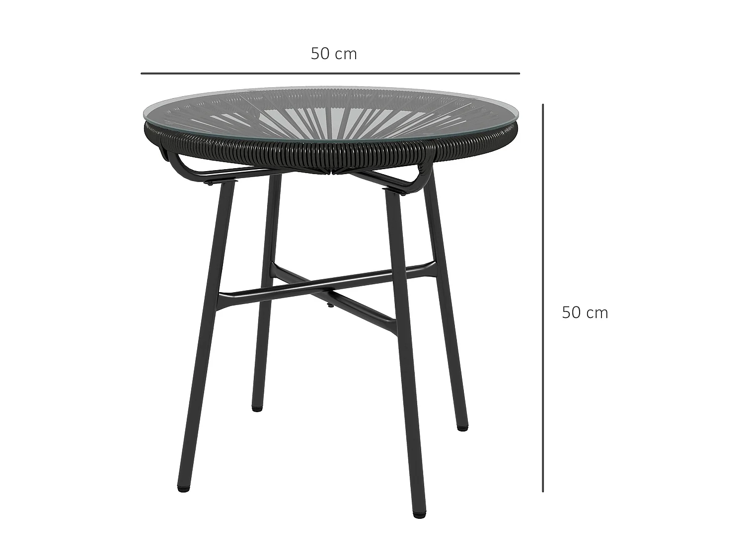 Table basse ronde de jardin en résine aspect rotin métal et plateau verre trempé Ø 50 x 50H cm noir