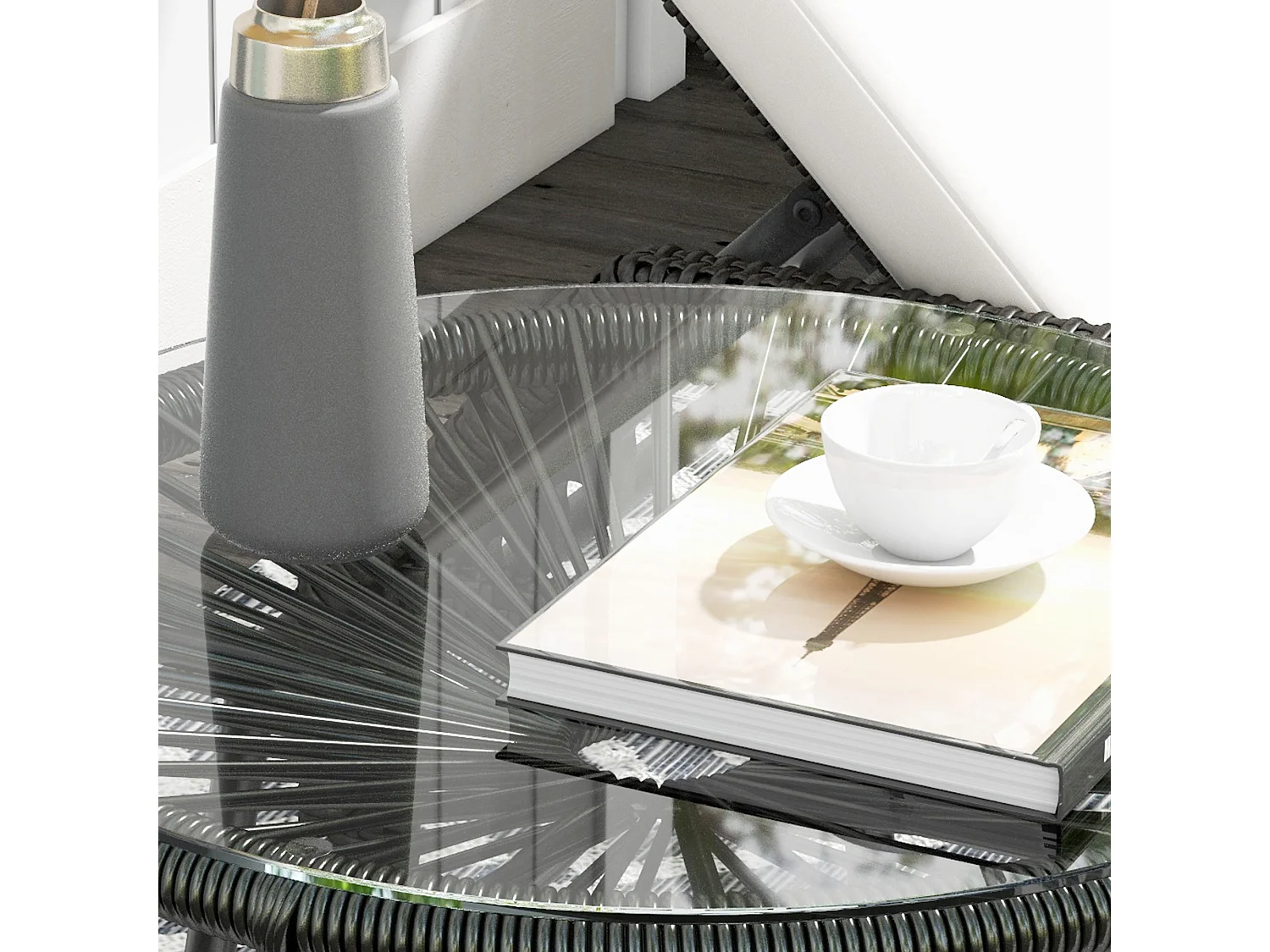 Table basse ronde de jardin en résine aspect rotin métal et plateau verre trempé Ø 50 x 50H cm noir