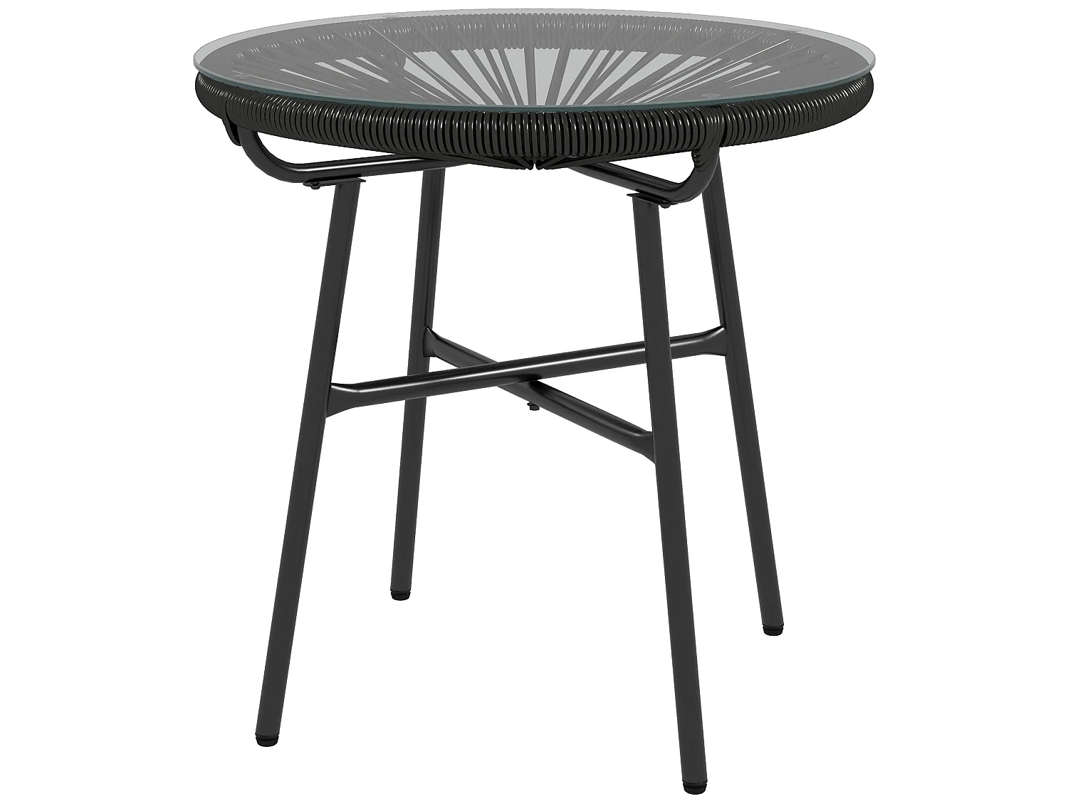 Table basse ronde de jardin en résine aspect rotin métal et plateau verre trempé Ø 50 x 50H cm noir
