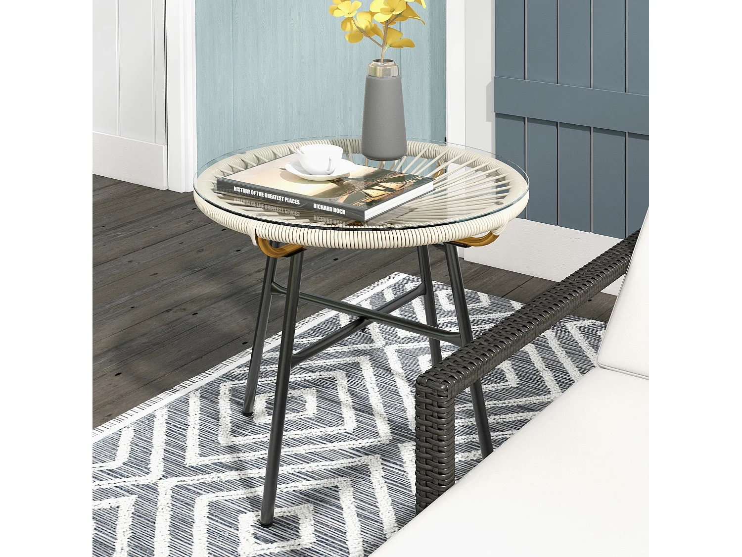 Table basse ronde de jardin en résine aspect rotin métal et plateau verre trempé Ø 50 x 50H cm crème