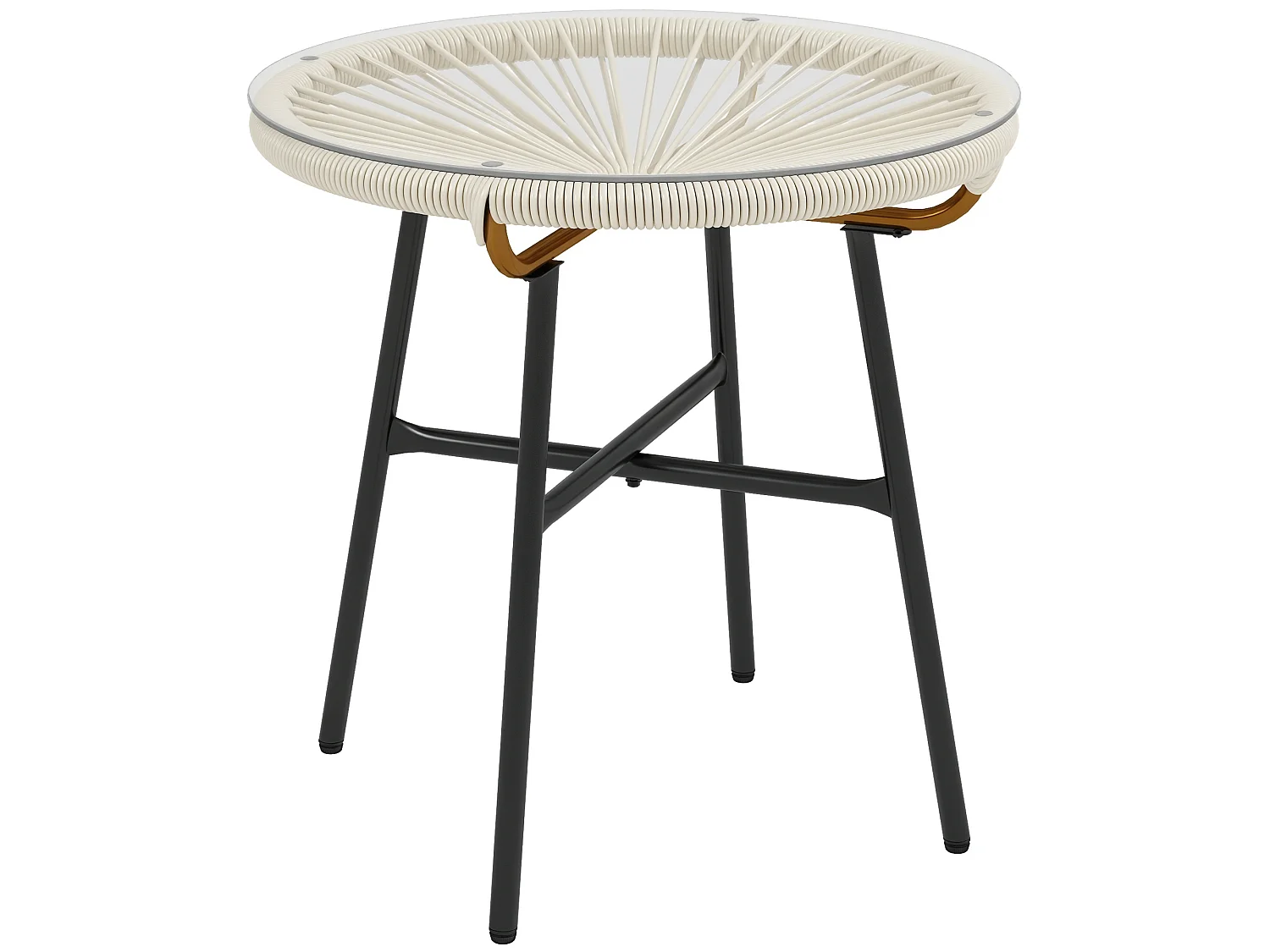 Table basse ronde de jardin en résine aspect rotin métal et plateau verre trempé Ø 50 x 50H cm crème