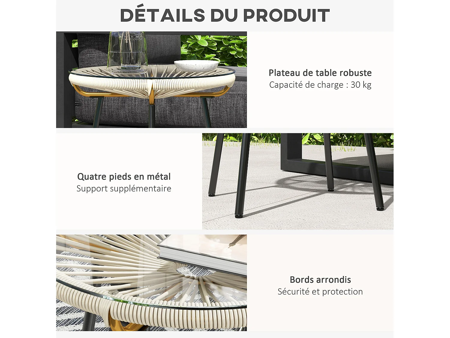 Table basse ronde de jardin en résine aspect rotin métal et plateau verre trempé Ø 50 x 50H cm crème