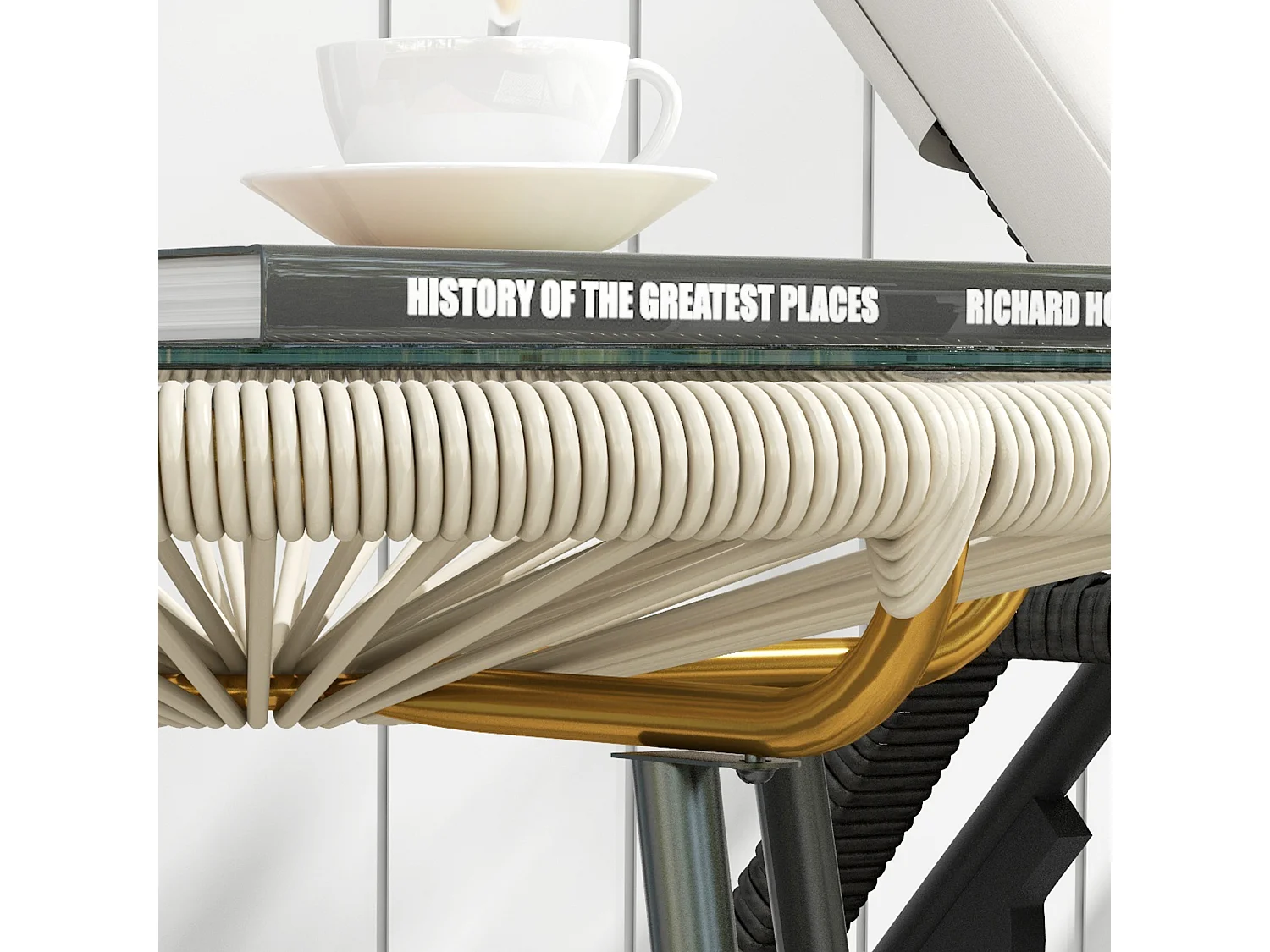 Table basse ronde de jardin en résine aspect rotin métal et plateau verre trempé Ø 50 x 50H cm crème