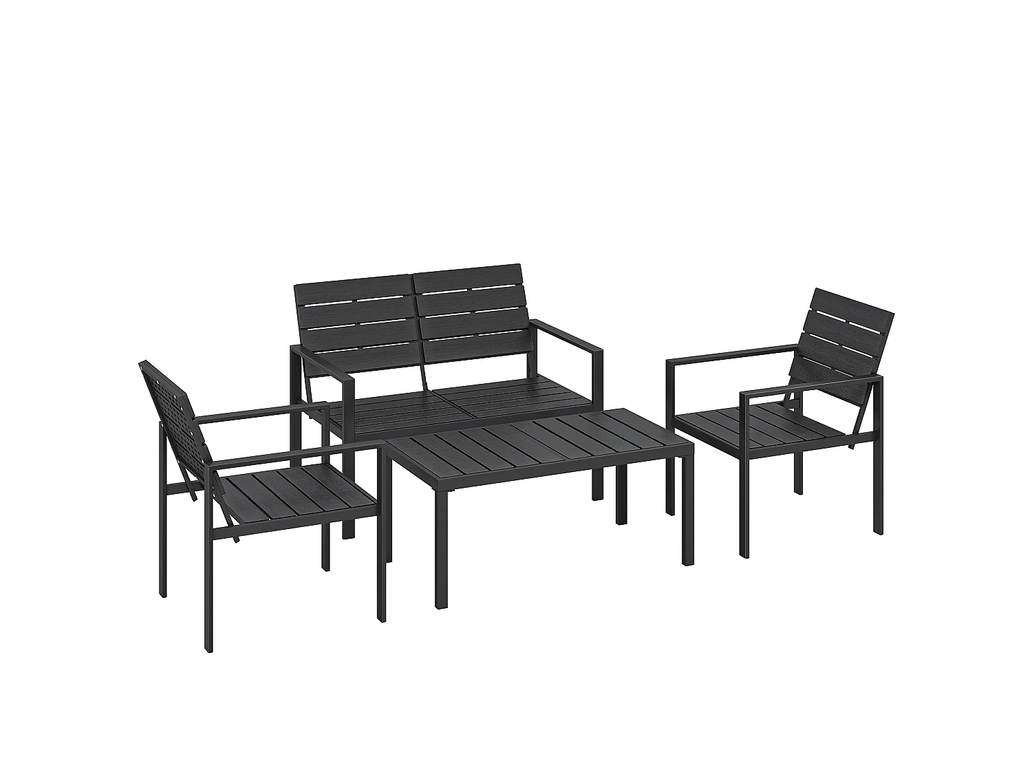 Salon de jardin 4 pièces 4 personnes - banc, 2 fauteuils, table basse - métal HDPE effet bois noir